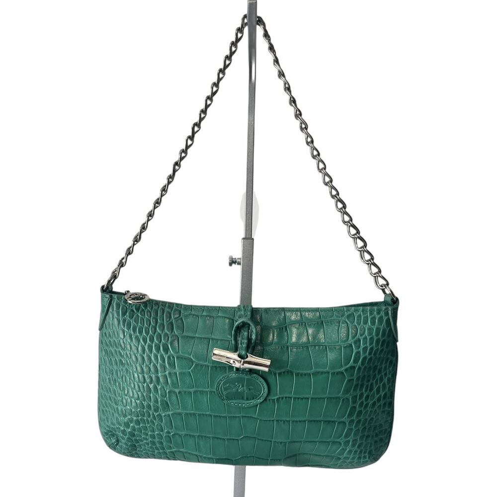 Longchamp Roseau Green Croc Embossed Leather Chain Shoulder Bag Vintage Y2K